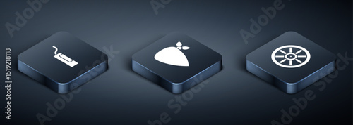 Set Isometric Dynamite bomb, Old wooden wheel and Cowboy bandana icon. Vector