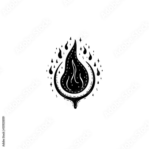 Mystical flame with crescent moon and stars in black and white design style