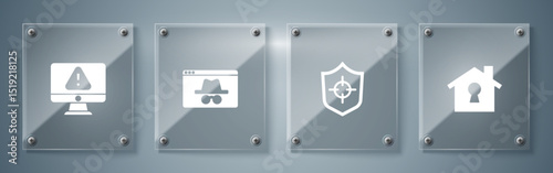 Set House under protection, Shield, Browser incognito window and Monitor with exclamation mark. Square glass panels. Vector
