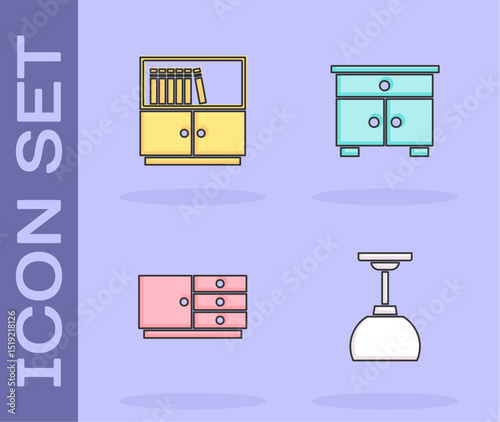 Set Lamp hanging, Library bookshelf, Chest of drawers and Furniture nightstand icon. Vector