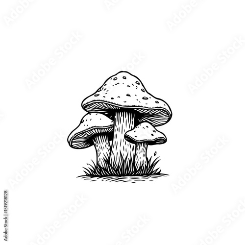 A captivating black and white illustration of three mushrooms in a natural setting