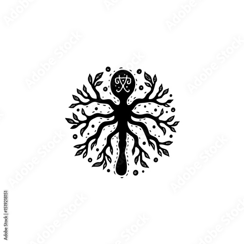 Stylized mystical tree illustration with runic symbols for logo or spiritual concept