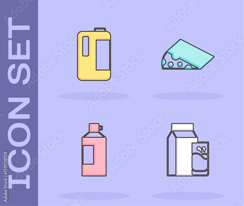 Set Paper package for kefir, Milk in plastic bottle, Whipped cream and Cheese icon. Vector