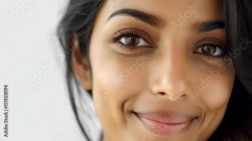 Close-up of a womans eyes and nose, showing smooth skin and detailed lashes