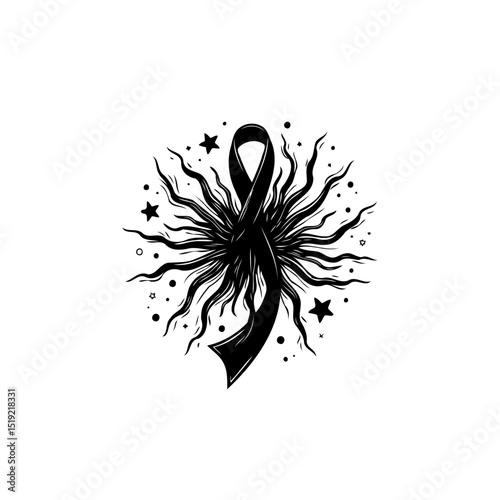 Black ribbon awareness with sunburst rays and stars illustration vector