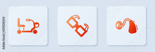 Set Eyeglasses, Electric wheelchair and Hearing aid. White square button. Vector