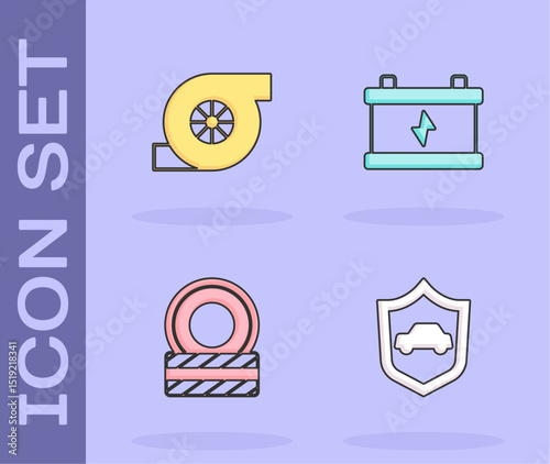 Set Car with shield, Automotive turbocharger, tire wheel and battery icon. Vector