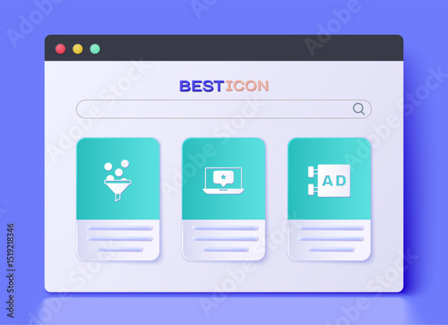 Set Laptop with star, Lead management and Advertising icon. Vector
