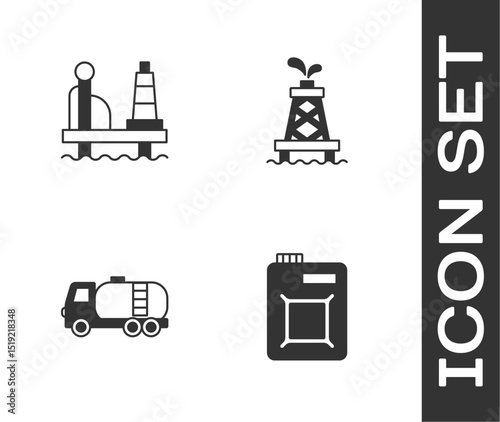 Set Canister for motor oil, Oil platform in the sea, Tanker truck and rig icon. Vector