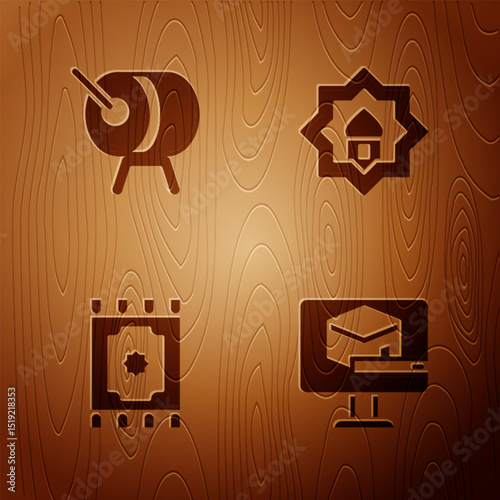 Set Kaaba mosque, Ramadan drum, Traditional carpet and Muslim Mosque on wooden background. Vector