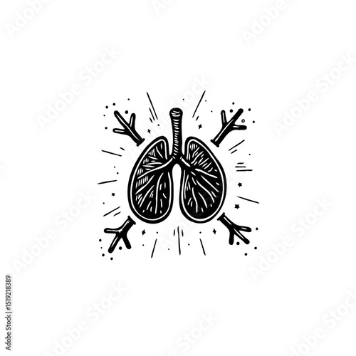 Stylized monochrome illustration of lungs with radiating elements and branches