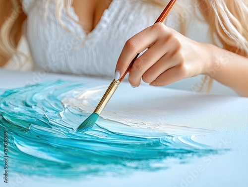 A color palette and brush in the foreground as students paint