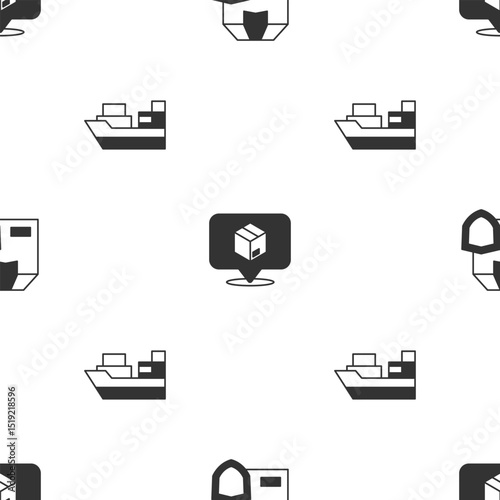 Set Delivery security with shield, Location cardboard box and Cargo ship boxes delivery on seamless pattern. Vector