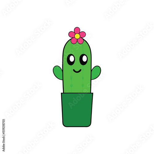 Adorable cartoon cactus illustration, a cute potted desert plant with a vibrant pink flower, smiling happily.