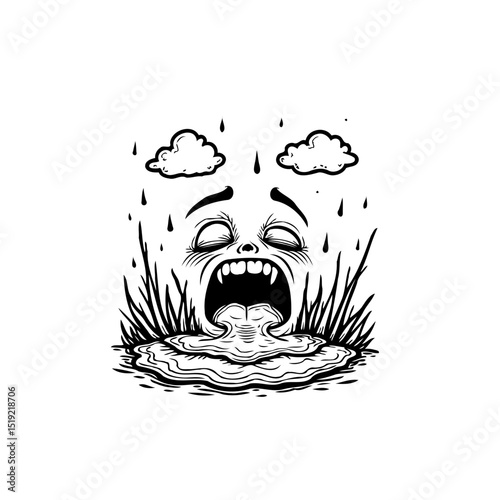 Distressed Character in Rainy Weather Illustration with Overwhelmed Expression