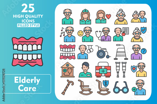 Elderly Care Line Filled Icon Set. Incleded Icons Senior, Gymnast, Crutch, Life Insurance, Cane, Rocking Chair, Pension, Glasses. Vector Icons Collection