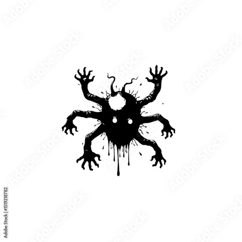Eerie Creature with Multiple Limbs and Dripping Ink Design on White Background