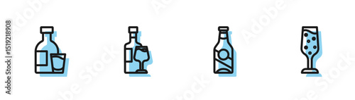 Set line Beer bottle, Bottle of vodka with glass, Wine and Glass champagne icon. Vector