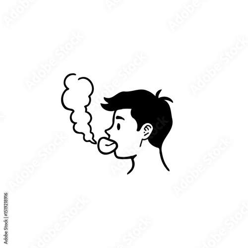 Minimalist Line Art Illustration of a Person Exhaling Smoke or Vapor Stream