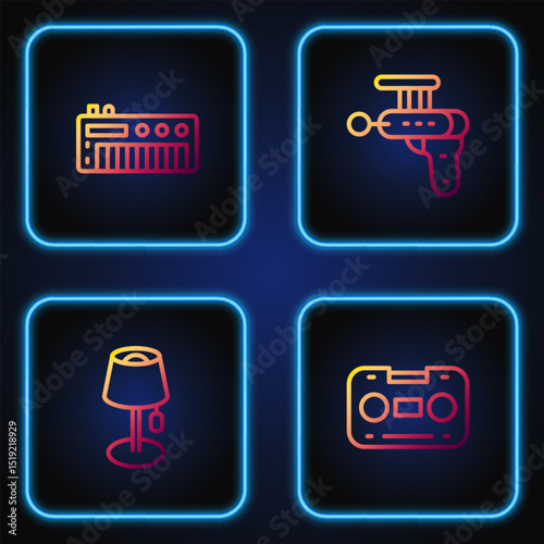Set line Retro audio cassette tape, Floor lamp, Music synthesizer and Ray gun. Gradient color icons. Vector