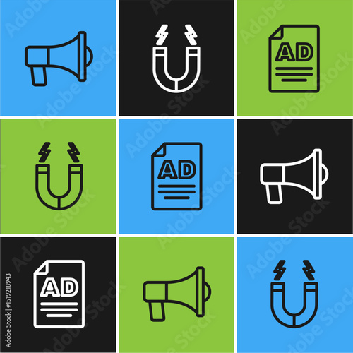 Set line Megaphone, Advertising and Magnet icon. Vector