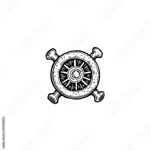 Vintage nautical ship wheel illustration in engraved style, maritime history
