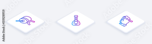 Set Isometric line Ramadan drum, Lute and Hands in praying position. White square button. Vector