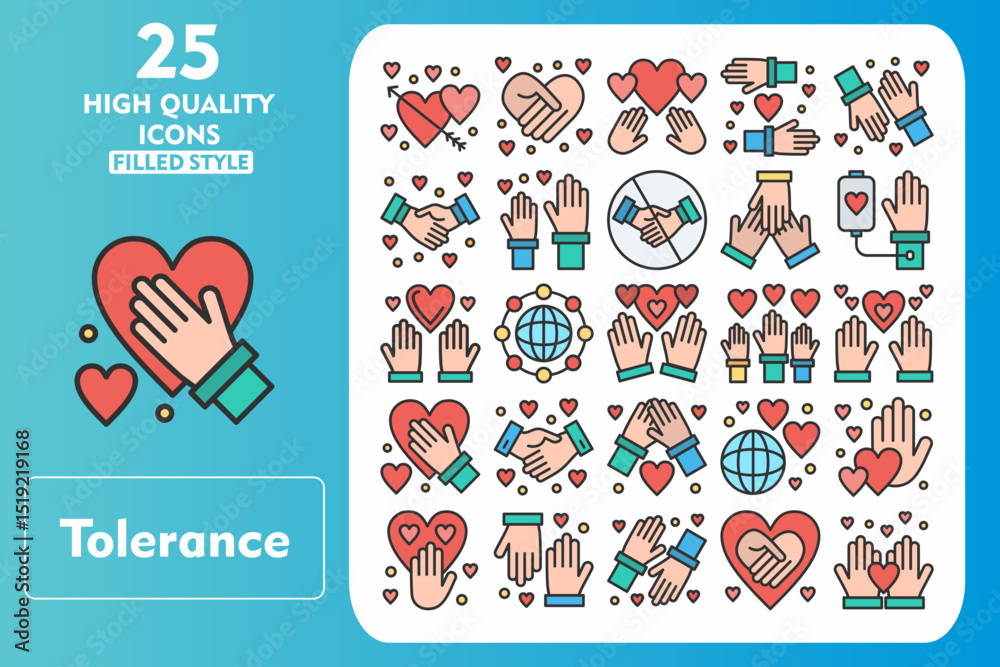 Obraz premium Tolerance Line Filled Icon Set. Incleded Icons Love, Unity, World, Volunteer, Tolerance, Teamwork, Together, Empathy, Heart. Vector Icons Collection