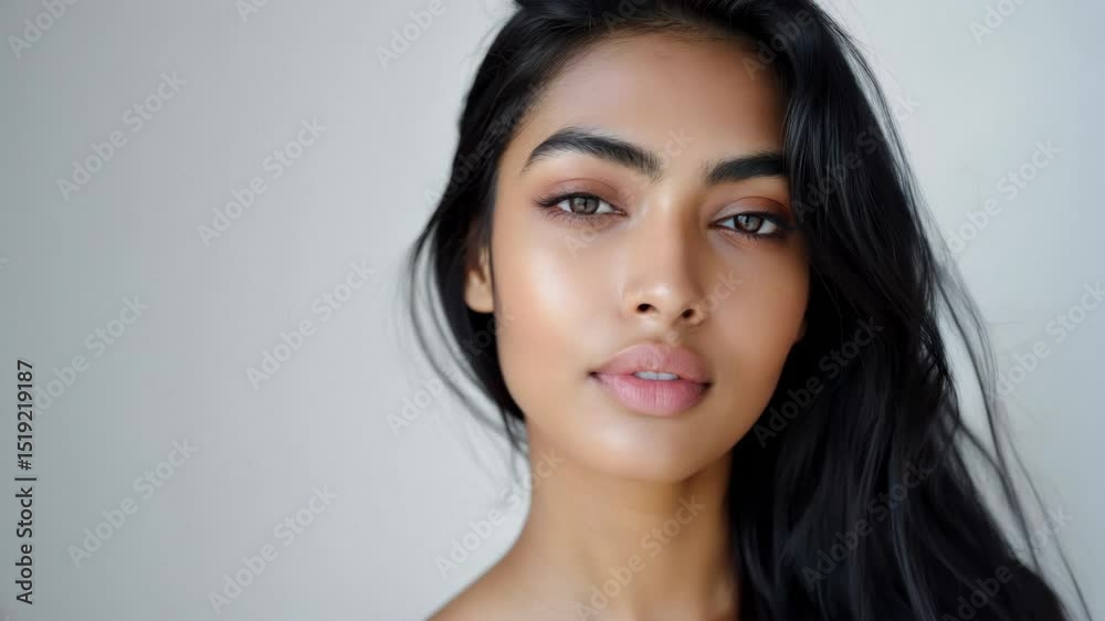 A woman with sleek dark hair gazes forward, her features softly lit against a gray background A woman with sleek dark hair gazes forward, her features softly lit against a gray background