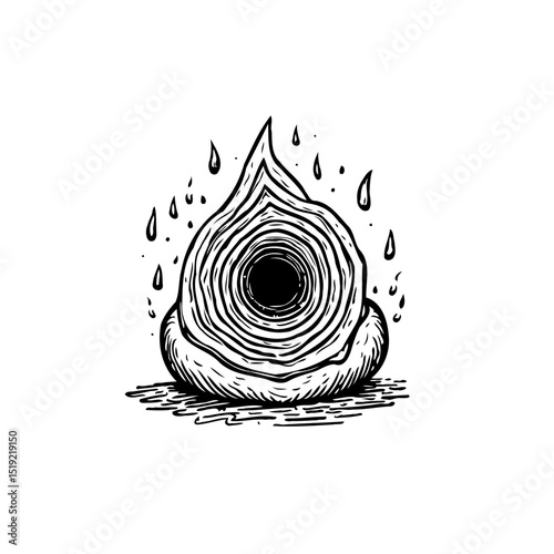 Monochrome vortex illustration with dripping water and textural details, drawing design