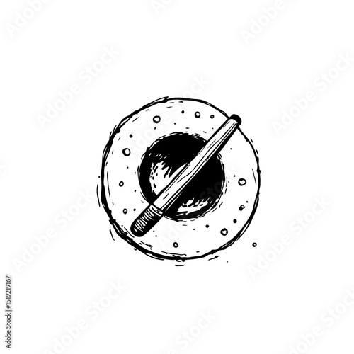 Stylized Cigarette Illustration with Circular Ash Tray, Hand Drawn Sketch