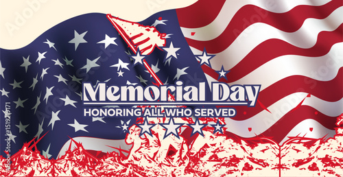 Bold red, white, and blue layouts for Memorial Day remembrance visuals and print-ready cards.