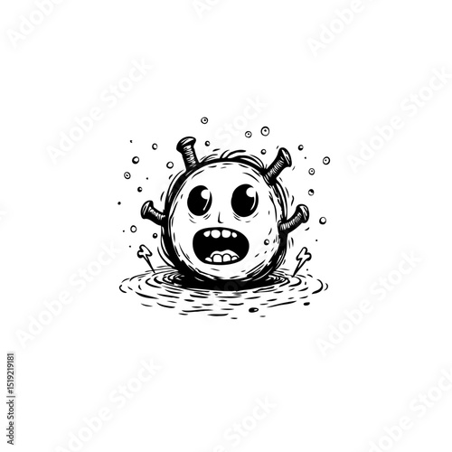 Cartoon Virus Illustration: Hand-Drawn Germ Character with Black and White Style