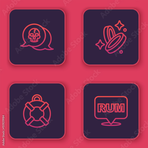 Set line Skull, Lifebuoy, Pirate coin and Alcohol drink Rum. Blue square button. Vector