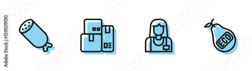 Set line Seller, Salami sausage, Cash register machine and Healthy organic pear icon. Vector