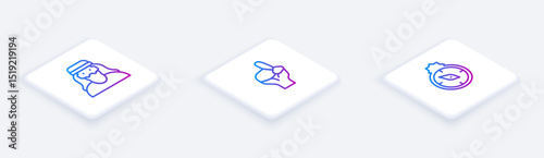 Set Isometric line Muslim man, Hands in praying position and Qibla. White square button. Vector