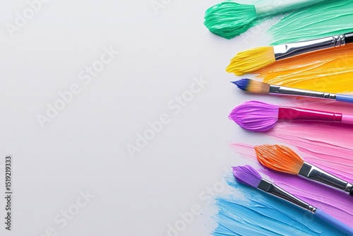 Different brushes with paints on a white background