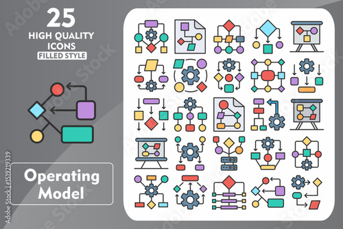 Operating Model Line Filled Icon Set. Incleded Icons Flowchart, Algorithm, Workflow, Structure, Diagram, Cogwheel, Protocol, Decision making. Vector Icons Collection