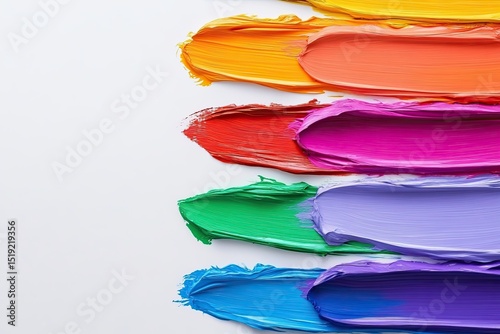 Different brushes with paints on a white background