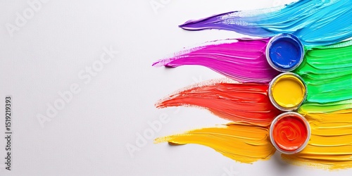 Different brushes with paints on a white background