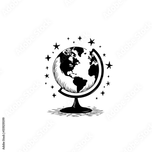 Elegant World Globe Illustration with Starry Details for Educational or Travel Themes
