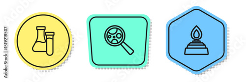 Set line Test tube, Microorganisms under magnifier and Alcohol spirit burner. Colored shapes. Vector