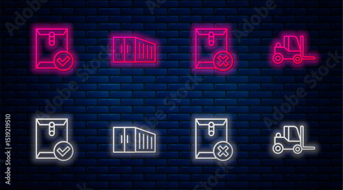 Set line Container, Delete envelope, Envelope and check mark and Forklift truck. Glowing neon icon on brick wall. Vector