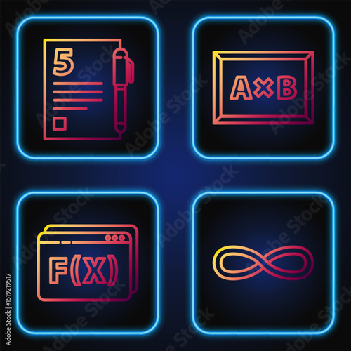 Set line Function mathematical symbol, Geometric figure Pentagonal prism, Open book and Calculation. Gradient color icons. Vector