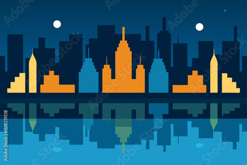 Urban skyscraper silhouettes against a moonlit city skyline at night