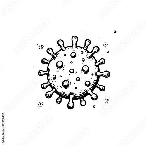 Detailed Line Art Depiction of a Virus Cell with Spikes and Surface Markings