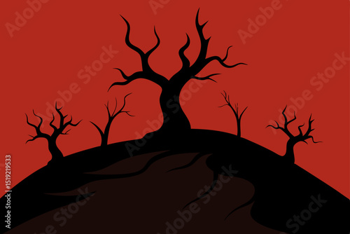 Nightfall Silhouette: A lone, dark tree stands against a vibrant orange and blue evening sky, its branches reaching towards the moonlit landscape