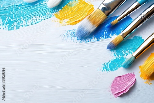 Different brushes with paints on a white background