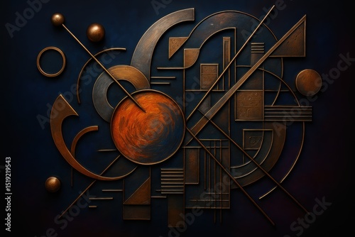 Dynamic abstract geometric metallic relief art on a dark background with intersecting lines and spheres
