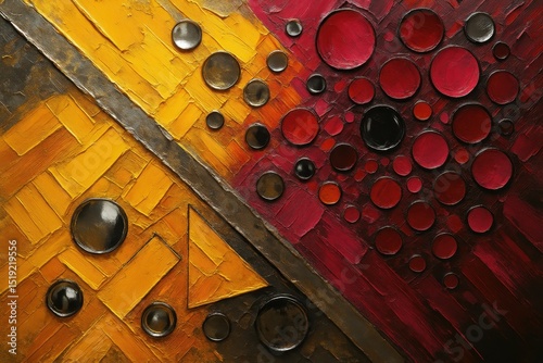 Bold abstract textured painting: diagonal composition of impasto yellow geometric shapes and red circles adorned with glossy round metallic elements.